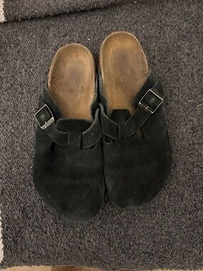 Birkenstock Black Suede Clogs with Buckle